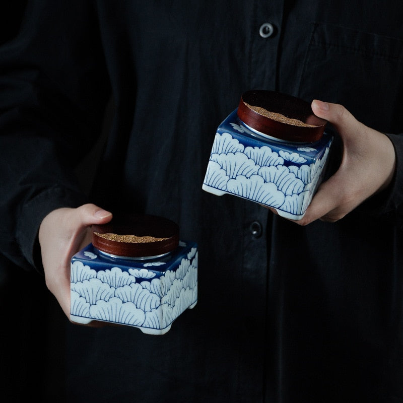 Blå og hvid te caddy keramisk lufttæt krukke træ cover fugtpris tea boks te container candy jar mad arrangør te kan