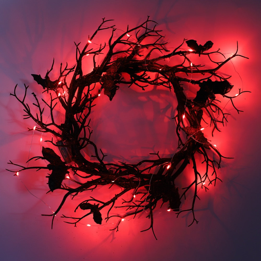 Halloween wieńca nietoperza czarne wieńce gałęzi z czerwonym światłem LED 45 cm wieńc