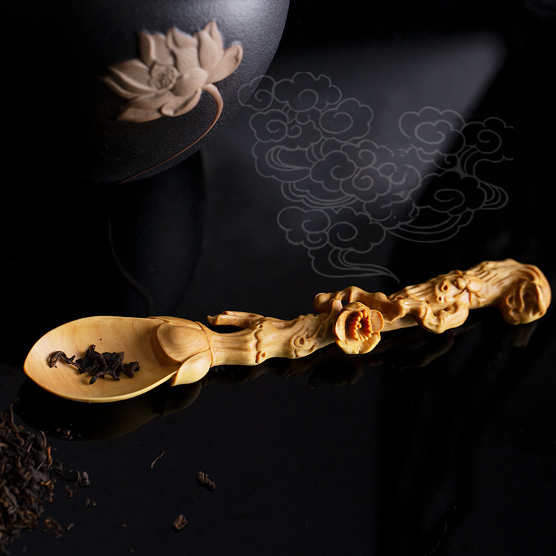 Cuillère à thé zen chinoise sculpture sur bois artisanale faite à la main