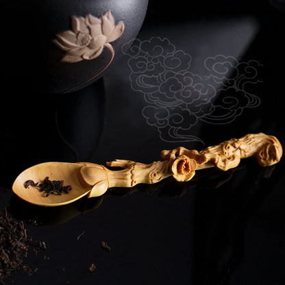 גילוף עץ מלאכה של כף תה זן סינית בעבודת יד