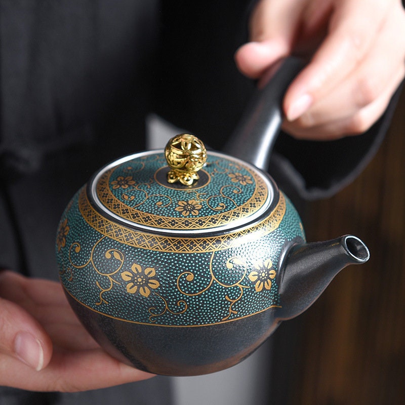إبريق شاي كيوسو فريد من نوعه من الفضة الإسترليني S999 جدار داخلي I إبريق شاي ياباني مع مصفاة