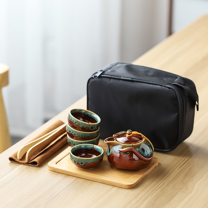 ACACUSS Complete Travel Kung Fu Tea Set Small Tea Tray Set I Ceramic Portable Travel Tea Set Outdoor Kung Fu Tea  I Japanese Ceramic Tea Cup - ACACUSS