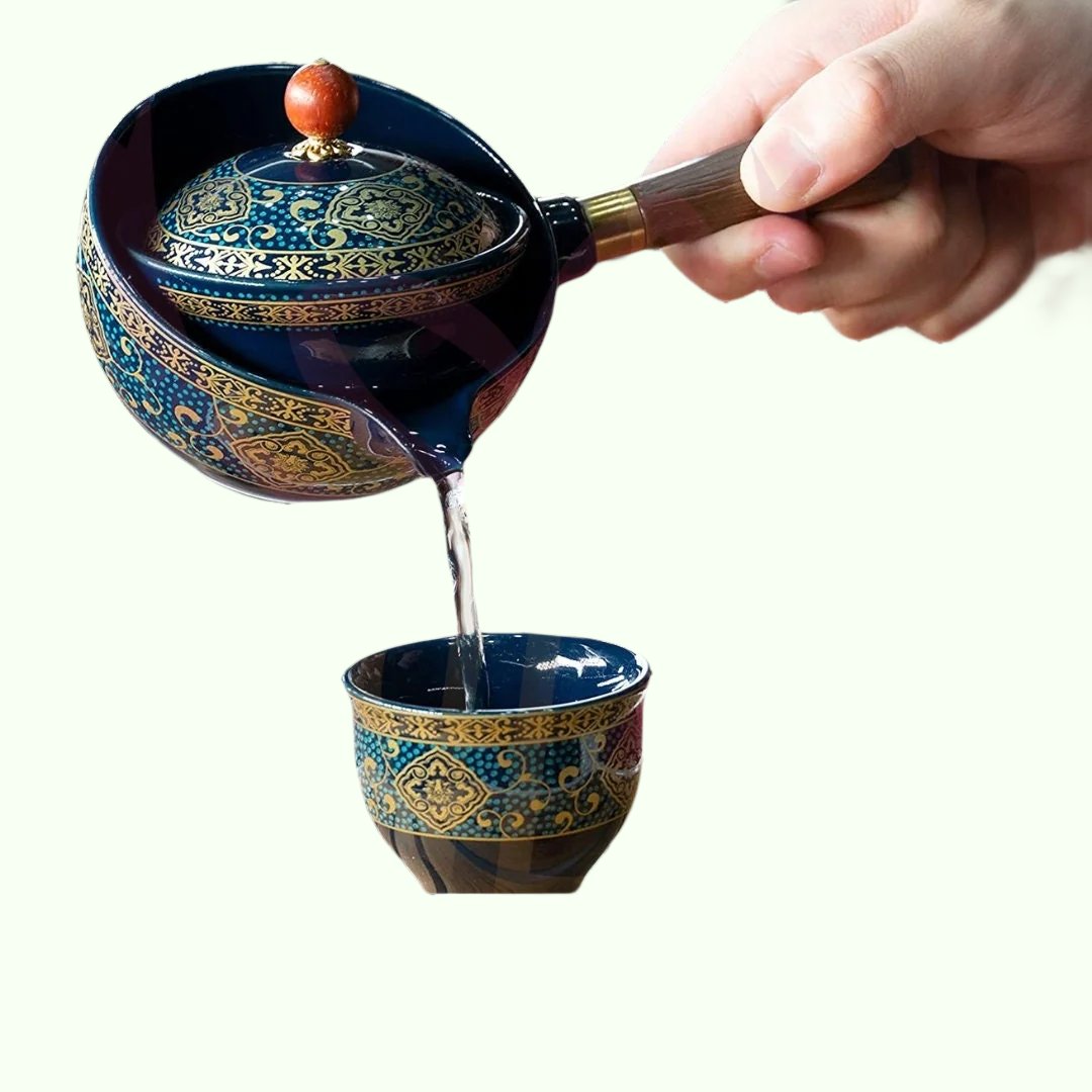طقم شاي سيراميك محمول للسفر - إبريق شاي يدور تلقائيًا 360 درجة - هدية معبأة