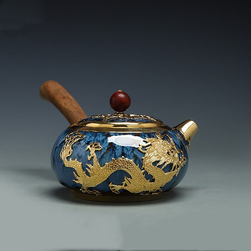 Gold Inlaid  Unique Porcelain Teapot Side Handle Pot I Jianzhan Teapot inlaid gold portable travel tea set I Kyusu Side teapot
