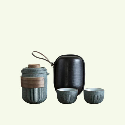 Ceramic Travel Portable Tea Set | Bluestone Glaze randig Quick Guest Cup | Fyra koppar keramik | Rese bärbar te -uppsättning utomhus