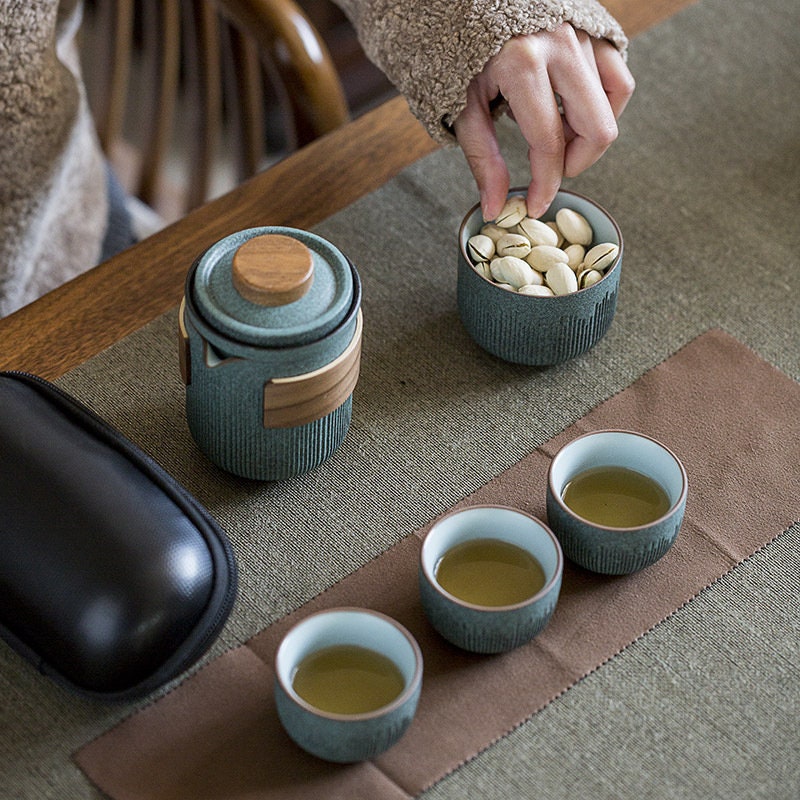 Ceramic Travel Portable Tea Set | Bluestone Glaze randig Quick Guest Cup | Fyra koppar keramik | Rese bärbar te -uppsättning utomhus