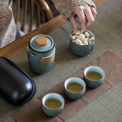 Портативный чай керамического путешествия | Bluestone Glaze полосатая чашка гостей | Четыре чашки керамика | Путешествие портативный чай на открытом воздухе