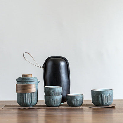 Set di tè portatile da viaggio in ceramica | Bluestone Glaze Striped Quick Guest Cup | Quattro tazze in ceramica | TAVE TEA PORTATILE SET OUTDOOR