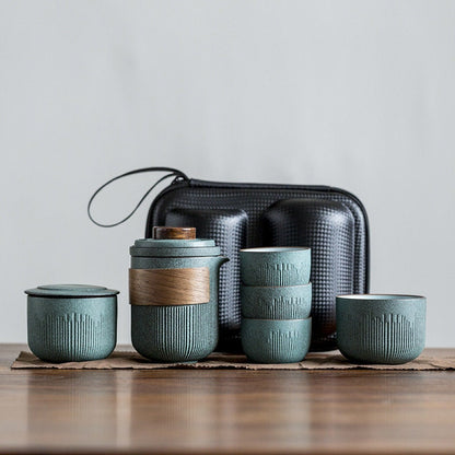 Keramisk rejse bærbart tesæt | Bluestone Glaze Striped Quick Guest Cup | Fire kopper keramik | Rejse bærbare tesæt udendørs