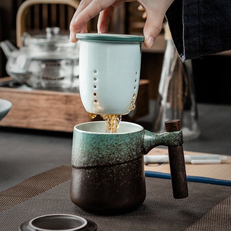 ACACUSS coffee mug Japanese Ceramic Tea Cup with Infuser Tea Cup With Lid Tea Separation Filter Water Ceramic Mountain Pottery Tea mug 450ml - ACACUSS