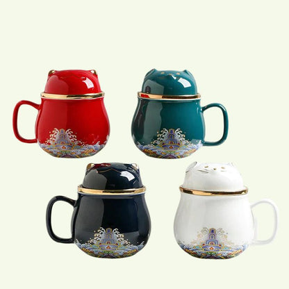 Cute Lucky Cat Tea & Coffee Mub z Infuser Recydden City Cat Cup z pokrywką ceramiczną kobietę herbatę i kubek kubek kubek herbaty herbaty
