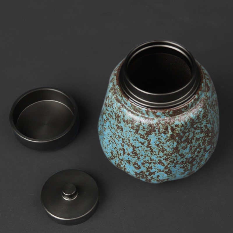 Vintage TEA and Coffee TIN  Container Retro Stoneware Sealed tea Storage Jar Kiln Turned - acacuss