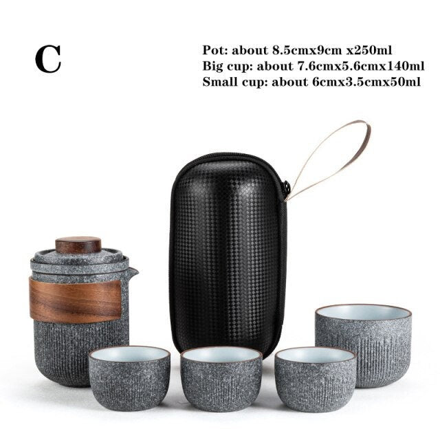 Tasse Kuai Ke en verre, un Pot, quatre tasses, service à thé de voyage Portable avec sac | Tasse d'invité rapide rayée Bluestone Glaze | Quatre tasses en céramique
