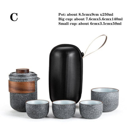 Glass Kuai Ke Cup One Pot Four Cups Portable Travel Tea Set With Bag | Bluestone Glaze Striped Quick Guest Cup | Fire kopper keramikk