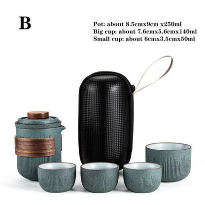 Glass Kuai Ke Cup 1 냄비 4 컵 휴대용 여행 차 세트 가방 | Bluestone 유약 줄무늬 빠른 게스트 컵 | 4 컵 세라믹