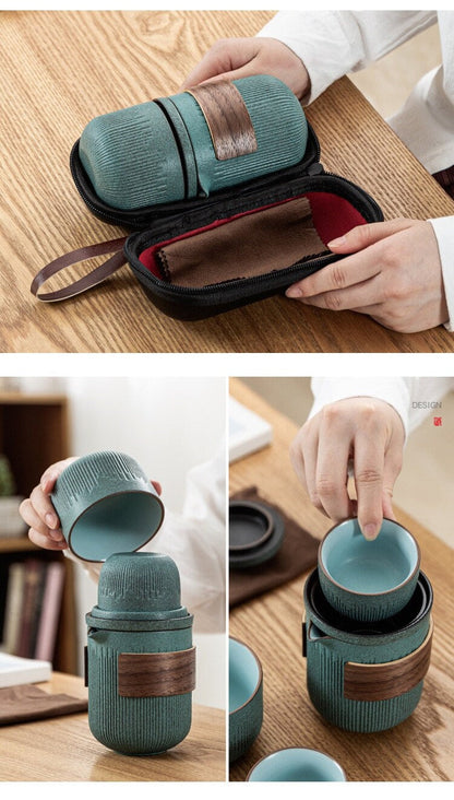 Стеклянный кучак kuai ke one one pot four tace portable travel tea set с сумкой | Bluestone Glaze полосатая чашка гостей | Четыре чашки керамики