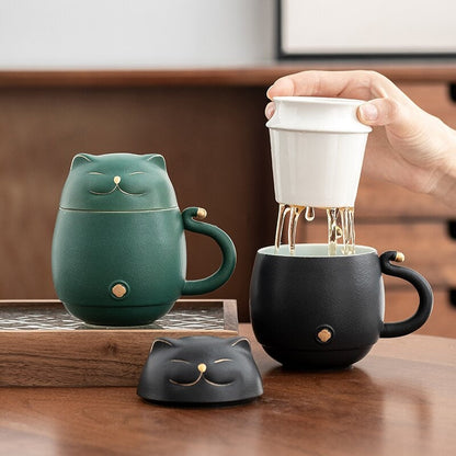 Glückskatzen-Teetasse aus Keramik mit Teesieb, süßer Katzen-Teebecher-Deckel, Kaffeetasse, Milchteetassen, Trinkgeschirr, einzigartiges Design, Geschenk für Zuhause und Büro