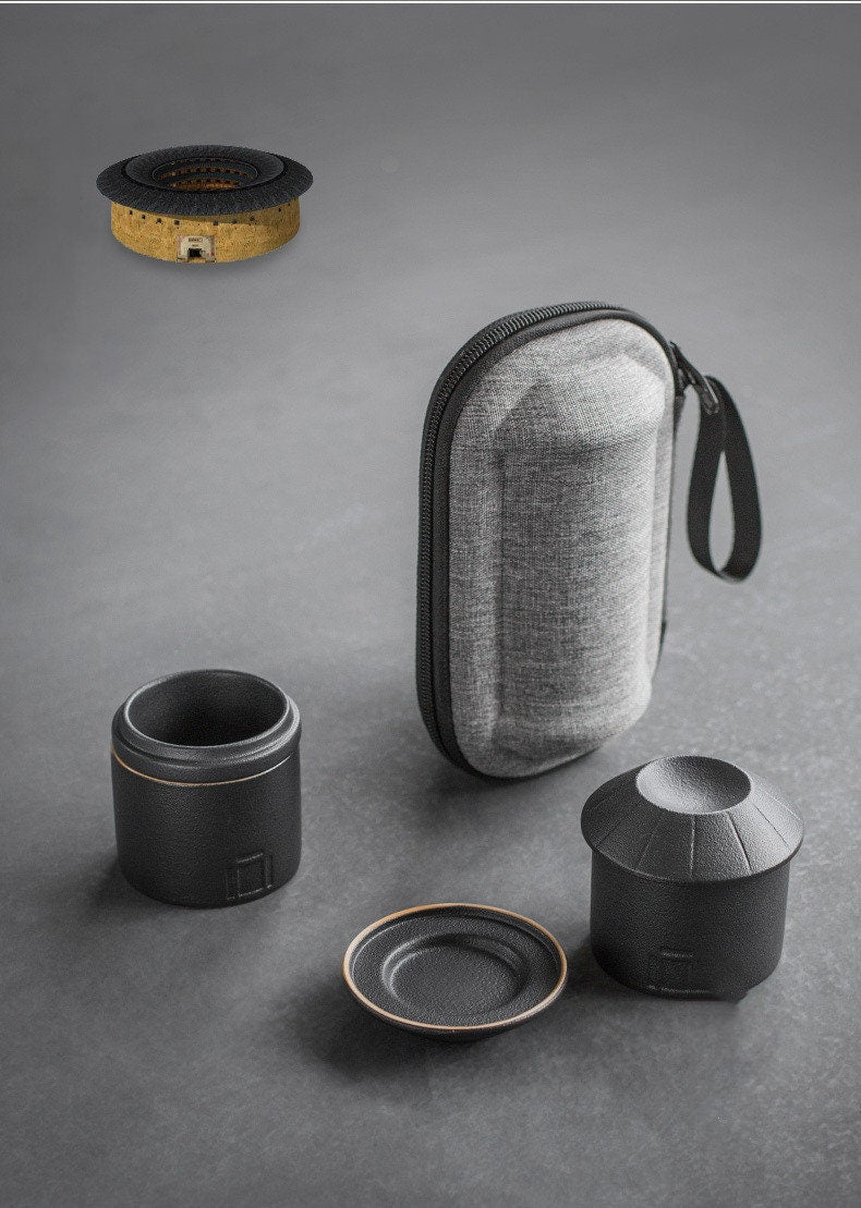 ACACUSS Portable Travel Tea Set | Black Stoneware 1 Tea Pot 2 Tea Cups | Office Drinkware | Handmade Tea Ceremony Accessories | quick guest - ACACUSS