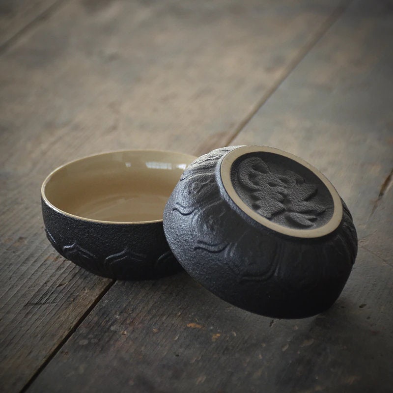 Portable Travel Tea Set | Black | White Stoneware 1 Tea Pot 2 Tea Cups | Office Drinkware | Handmade Tea Ceremony Accessories S