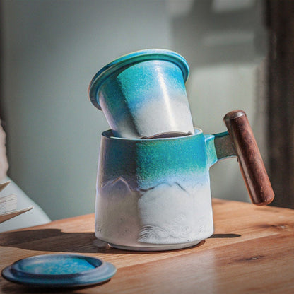 Retro kaffe krus kopper te vand adskillelsesfilter te cop med låg kinesisk tekop teaet vand kop træhåndtag forretning gave