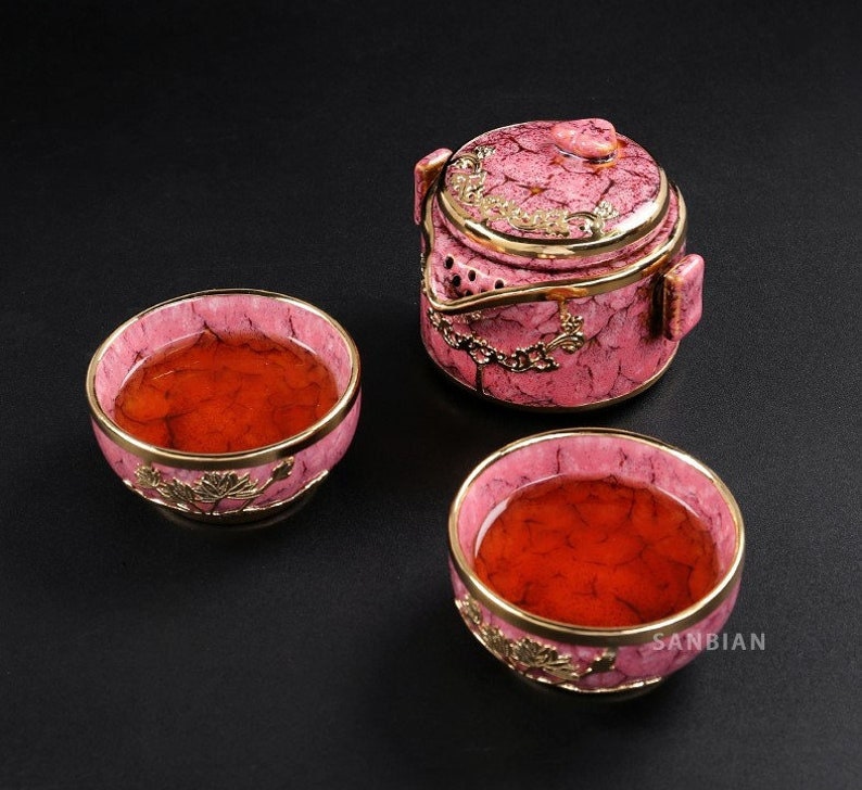 Gold-inlaid jade One Pot And Two Cups Ceramic Kung Fu Tea Set I Jianzhan ceramics inlaid gold portable travel tea set. - ACACUSS