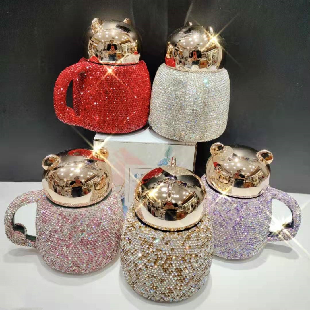 Tazas de vaso de café taza de cerámica con diamante de diamantes de imitación de diamantes de dibujos animados con tapa