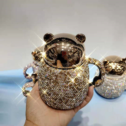 Coffee Tumbler Mugs Ceramic Cup With Diamond Rhinestone Glam Cartoon Bear With Lid