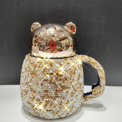 Kávová sklenice keramický šálek s diamantovým drahokamem Glam Cartoon Medvěd s víkem