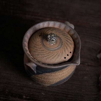 Teh Teapot Retro Buatan tangan dengan mangkuk lidding kayu, pembuat teh periuk seramik kung fu pu'er single
