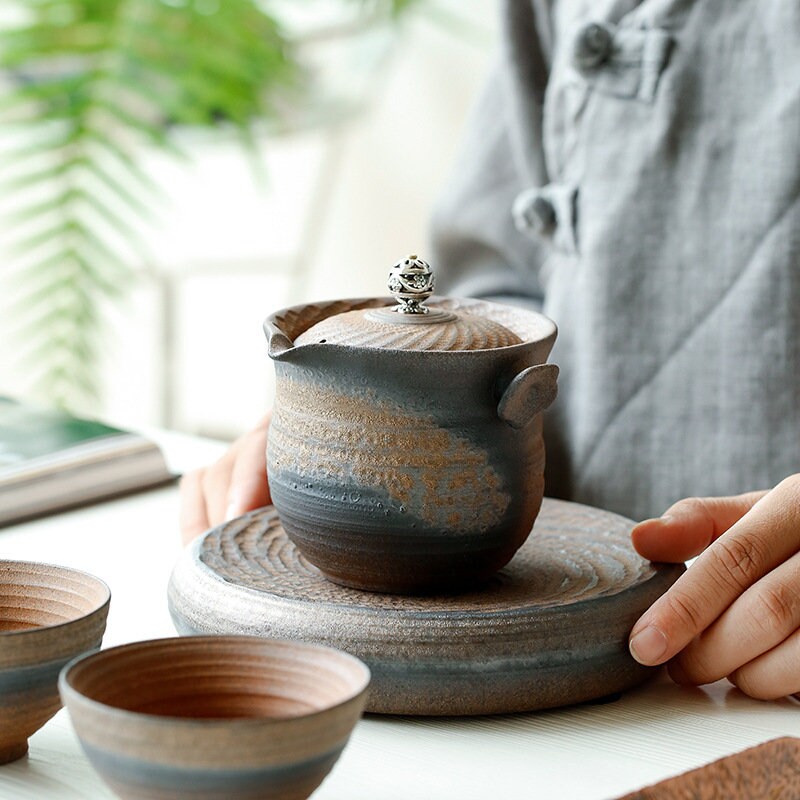 Teko retro buatan tangan dengan mangkuk teh berbahan bakar kayu, keramik kung fu pu'er pembuat teh tunggal