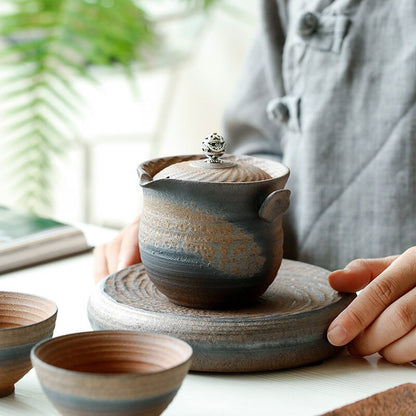 Ahşap ateşli kapaklı kase, seramik kung fu pu'er tek potlu çay üreticisi ile el yapımı retro çaydanlık