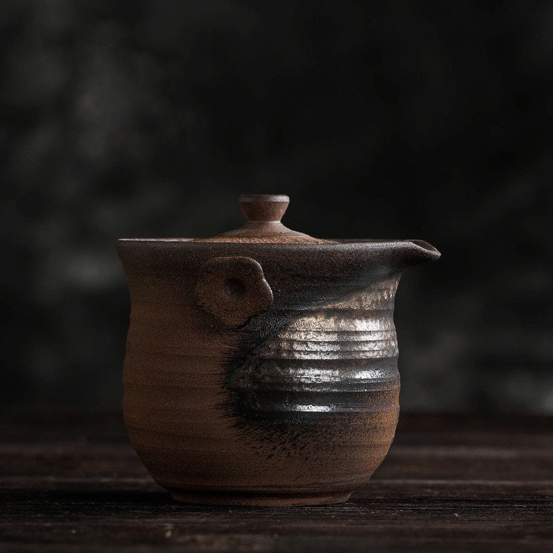 Tetera retro hecha a mano con tazón para tapa de madera, cerámica kung fu para una sola maceta