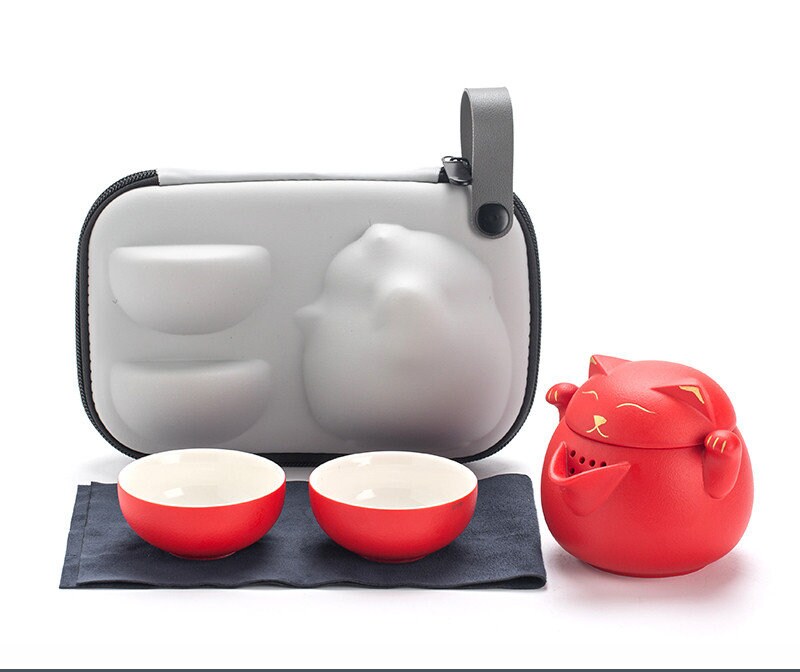 Tea Set for Cat Lovers Portable Cute Cat Cup One Pot And Two Cups Outdoor Storage Bag - Ceramic Teapot with 2 Cups Cute Cat Travel