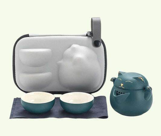 Tea Set for Cat Lovers Portable Cute Cat Cup One Pot And Two Cups Outdoor Storage Bag - Ceramic Teapot with 2 Cups Cute Cat Travel