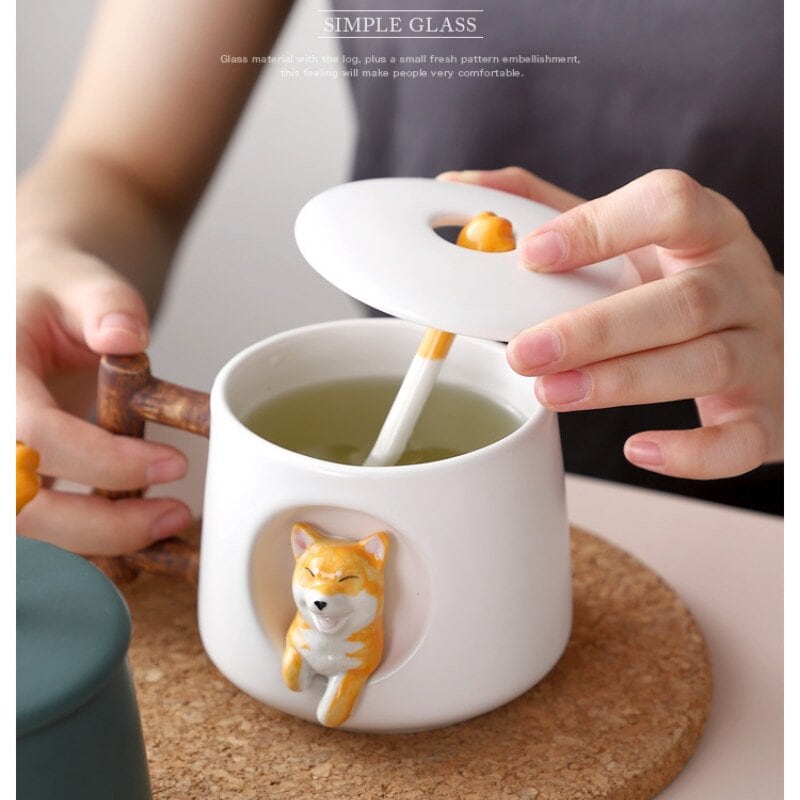 ACACUSS Handmade Shiba Inu Dog Lovers Large MUG For Coffee and Tea - Ceramic Personality Cute Shiba inu Mug With lid and spoon - ACACUSS