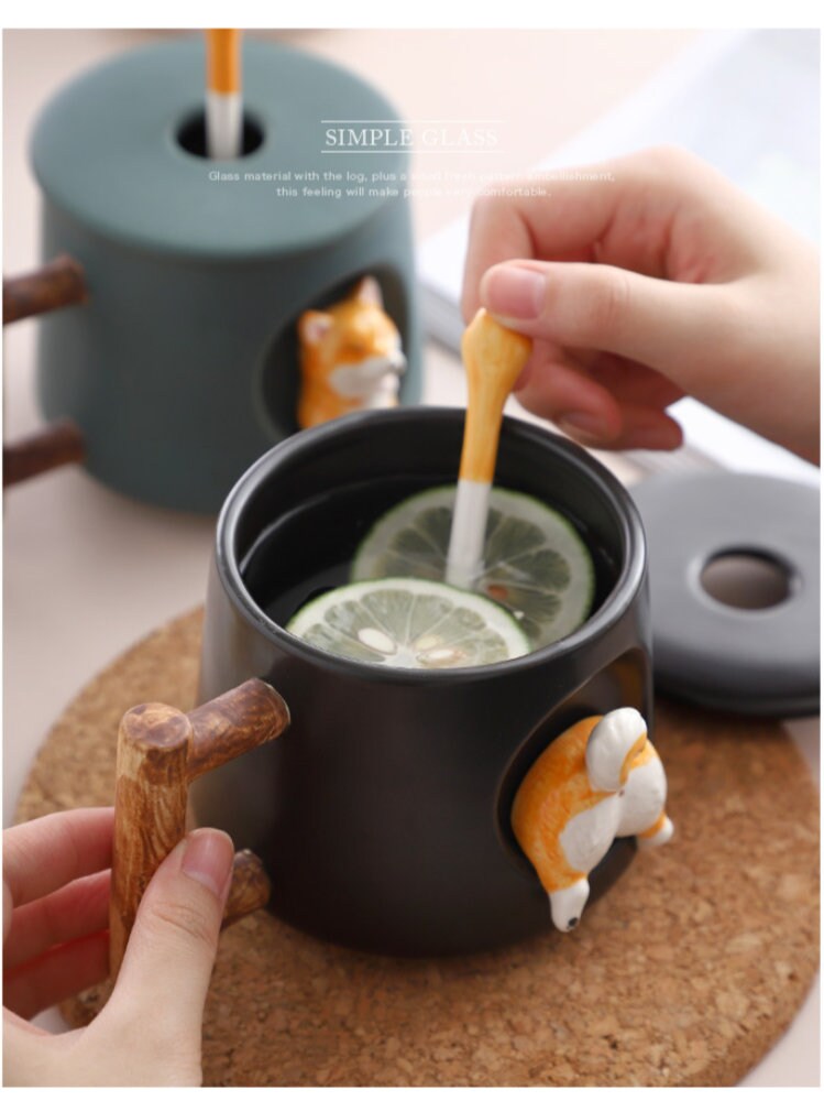 Stor kaffekrus flott til kaffelsker gave shiba inu keramisk krus med lokk og skje - hundekaffekrus personlig