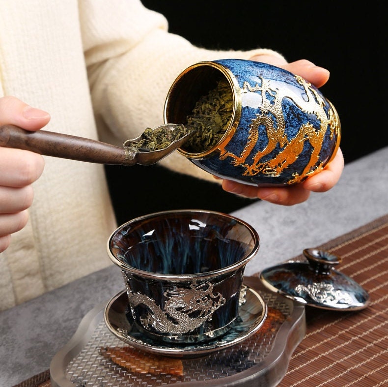 Jianzhan Boîte à thé incrustée d'or Boîte à café de stockage scellée - Service à thé Kung Fu Réservoir de stockage de cuisine Accessoires pour service à thé