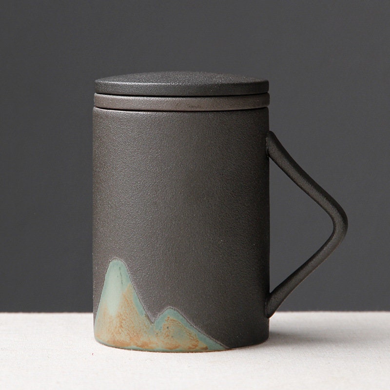 Tasse peinte à la main avec poignée en bois, tasse à thé avec couvercle et filtre, 480ml
