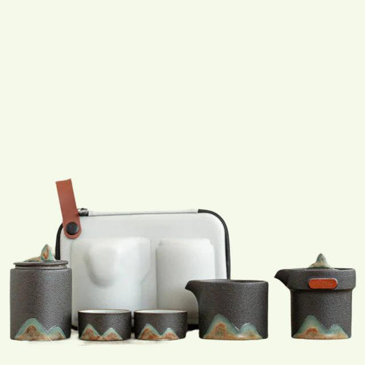 Ceramic Portable Travel Kung Fu Tea Set Home Office Zen Tea tekanna gåva - Reseteaset med koppar och te caddy i resväska