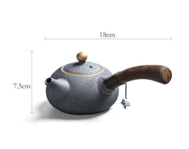 إبريق شاي كيوسو سيراميك بمقبض جانبي خشبي I إبريق شاي سيراميك ياباني