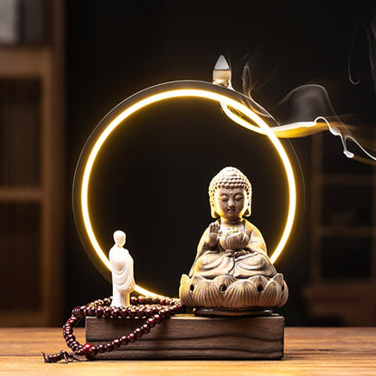 Istuen Buddha -kartio suitsukkeet vesiputouspidike Takavirta suitsukkeiden poltin LED Home olohuoneen työpöytä