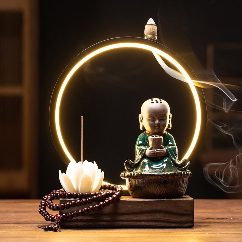 Sitting Buddha Cone Incense waterfall Holder  Backflow Incense Burner Led Home Living Room Desktop - acacuss