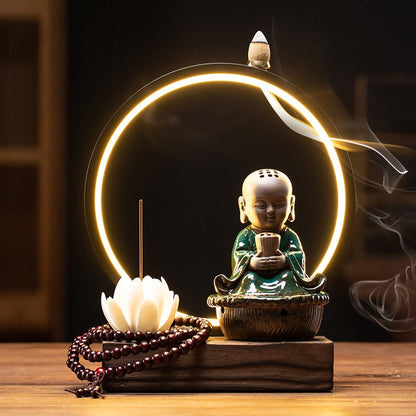Sitting Buddha Cone Incense waterfall Holder  Backflow Incense Burner Led Home Living Room Desktop