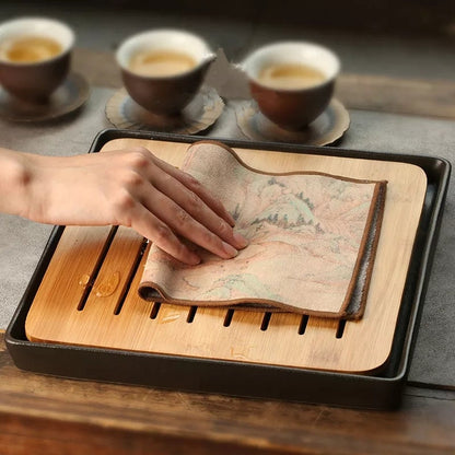 Setatura da tè in pelle scamosciata fatta a mano tavolo zen e tessuto in stoffa di lino in cotone asciugamano assorbente ceremonia