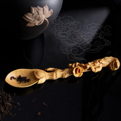 Handmaid Boxwood Carving Crafts Chinese Zen Tea Spoon