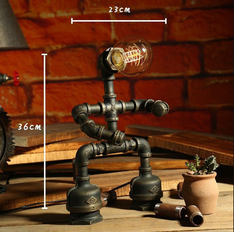 American SteamPunk Table Light Robot Table Lamp Vintage Loft Iron Pipe Desk Lamp Industrial Led Table Lamps Bedside Cafe Indoor Retro Decor - acacuss