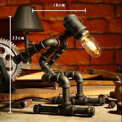 미국 스팀 펑크 테이블 라이트 로봇 테이블 램프 빈티지 로프트 아이언 파이프 데스크 램프 산업용 LED 테이블 램프 침대 옆 카페 실내 복고풍 장식