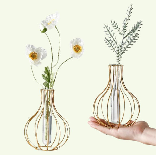 Besi Modern Emas Kaca Vas Logam Kawat Dekoratif Tabung Kaca Vas/Vas Bunga Pot/Dekorasi Rumah Buatan Tangan/Ruang Tamu Vas Kantor Ruang Tamu