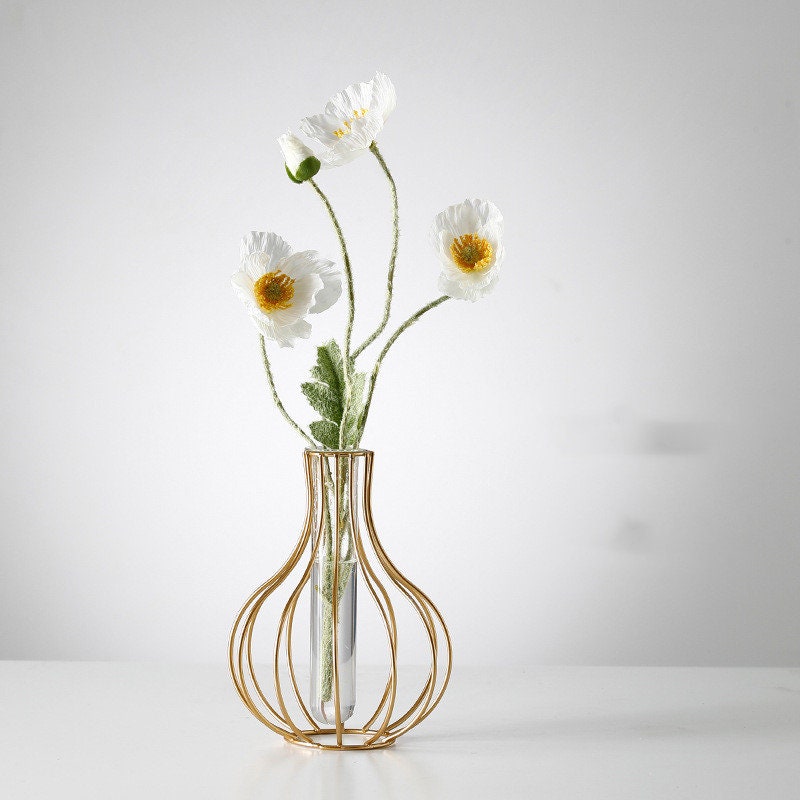 Moderne jern Golden Glass Vase Metal Wire Decorative Glass Tube Vase/Flower Vase Pot/Unique Handmade Home Decor/Living Room Office Table Vase
