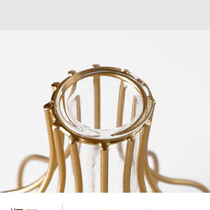 Vaso de vaso dourado de ferro moderno arame de metal decorativo vaso de tubo de vidro/vaso de flor Pote/vaso exclusivo de decoração de casa artesanal/sala de estar vaso de mesa de escritório